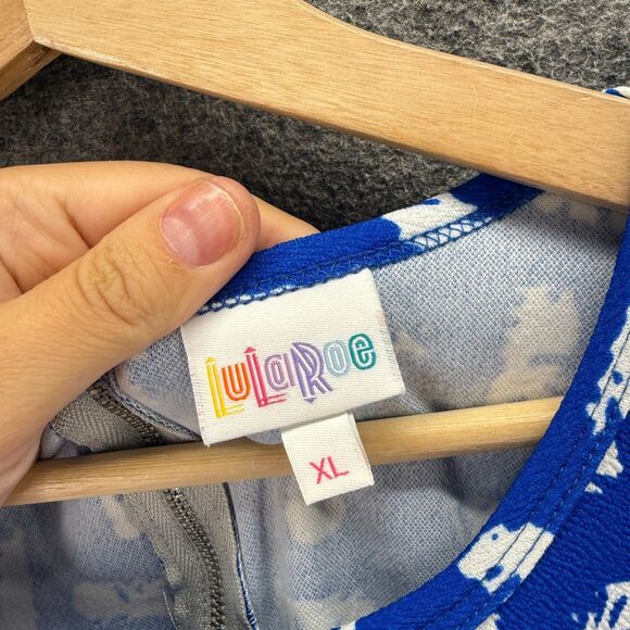 LulaRoe Dress Women XL Blue Geometric Sheath Midi Zipper Short Sleeve Casual - Picture 3 of 7